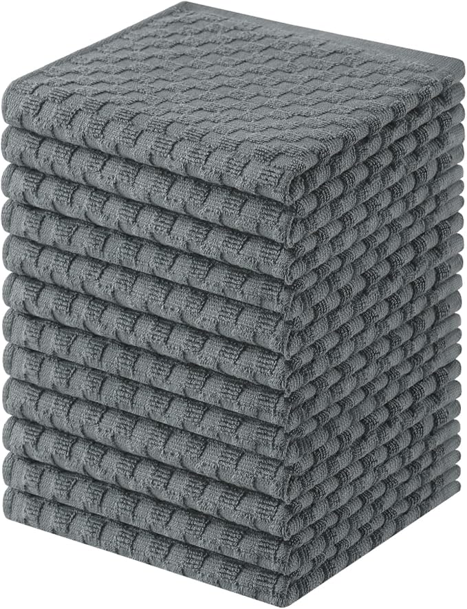 Homaxy 100% Cotton Terry Kitchen Dish Cloths, Ultra Soft Absorbent Dish Towels with Hanging Loop, Pineapple Grid Designed, 12 x 12 Inches, 12-Pack, Dark Grey