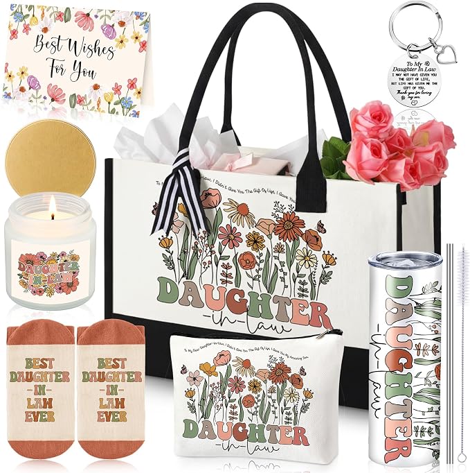 Patelai 7 Pcs Daughter in Law Gifts, Mother’s Day Gifts for Daughter in Law with Tote Bag 20oz Tumbler Candle for Happy Birthday Graduation Wedding from Mom Dad Thank You Gift