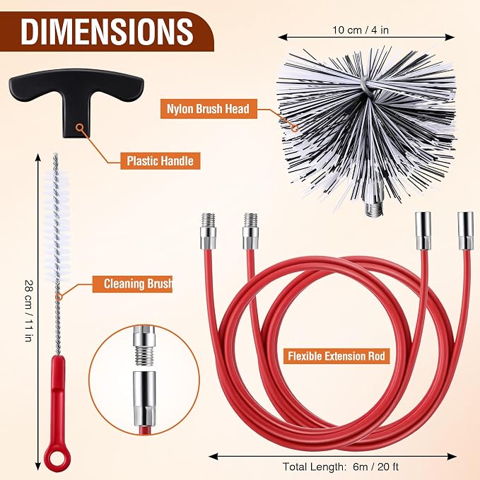 Feekoon Pellet Stove Cleaning Kit, 20 FT Flexible Steel Rod with 4" Brush Head, Flue Detail Cleaner, Pellet Stove Accessories for Vent Pipes Cleaning - Reduce Buildup & Improve Airflow