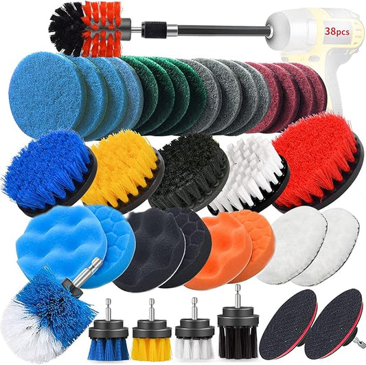 JUSONEY Drill Brush Scrub Pads 38 Piece Power Scrubber Cleaning Kit - All Purpose Cleaner Scrubbing Cordless Drill for Cleaning Pool Tile, Sinks, Bathtub, Brick, Ceramic, Marble, Auto, Boat