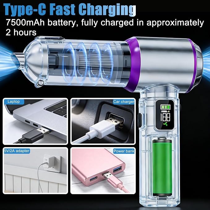 Handheld Car Vacuum Cordless with Air Duster, 30-Min Runtime 20000Pa Suction, Portable Rechargeable Small Handheld Vacuum for Car Detailing Interior Cleaning Pet Hair,Silver&Purple