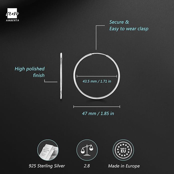 Amberta® 925 Sterling Silver Fine Circle Endless Hoops - Polished Round Sleeper Earrings Diameter Size: 20 30 40 60 75 mm