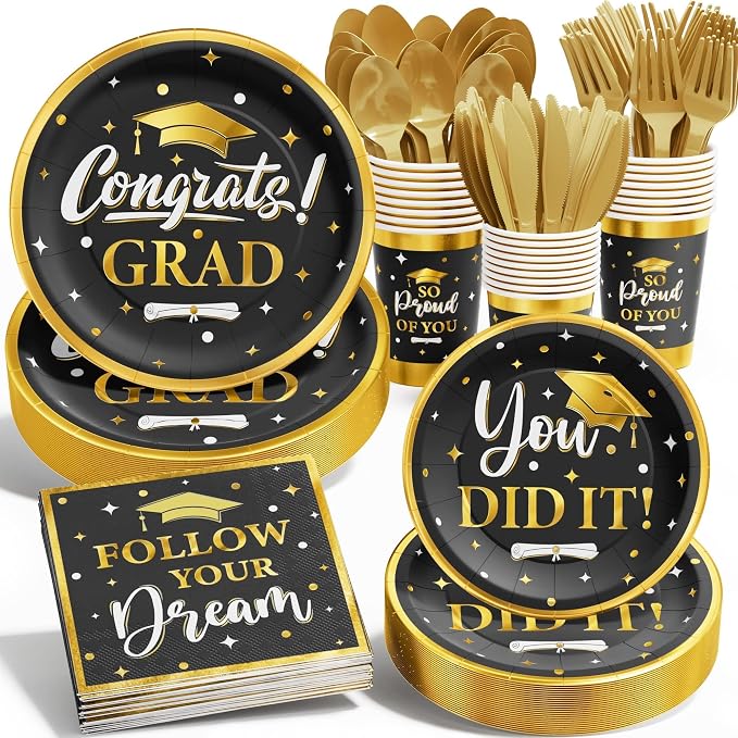 Graduation Decoration Class of 2026, 175PCS Graduation Party Supplies Disposable Dinnerware(Serve 25) with Paper Plates Cup Napkin Fork Knife Spoon College High School Grad Decor(Black & Gold)