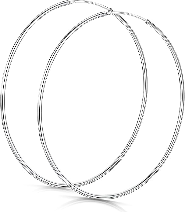 Amberta® 925 Sterling Silver Fine Circle Endless Hoops - Polished Round Sleeper Earrings Diameter Size: 20 30 40 60 75 mm
