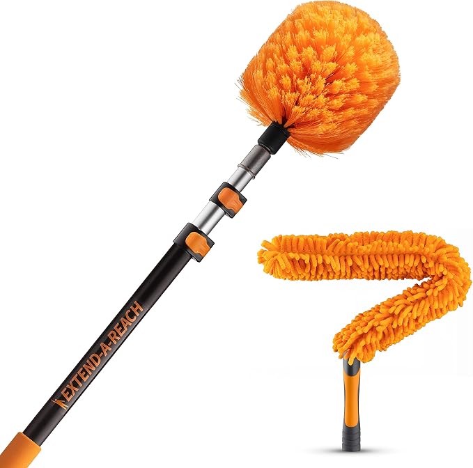 5-13 ft Cobweb Duster & Flexible Ceiling Fan Duster with Extension Pole // 20 Foot High Reach Spider Web Cleaner Cobweb Brush for Outdoor & Indoor Web Cleaning // Lightweight & Sturdy Telescopic Pole