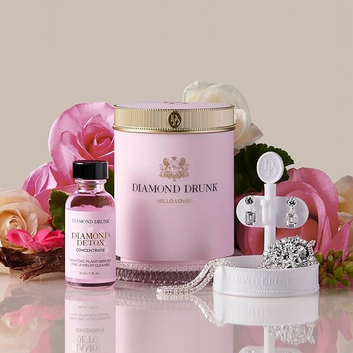 Diamond Drunk The Starter Collections - Non-Toxic, Fine Jewelry Cleaning Kit for Diamond, Gold, & Platinum Rings & More - 2 Months Supply of Safe, Sustainable Cleaner to Restore Shine - Patented Bauble Basket & Reusable Vessel