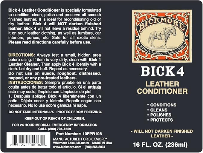 Bickmore Bick 4 Leather Conditioner and Leather Cleaner 16 oz - Will Not Darken Leather - Safe For All Leather Apparel, Furniture, Jackets, Shoes, Auto Interiors, Bags & All Other Leather Accessories