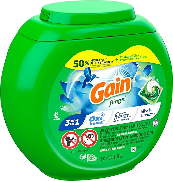 Gain flings Laundry Detergent Soap Pacs, HE Compatible, 42 Count, Long Lasting Scent, Blissful Breeze Scent