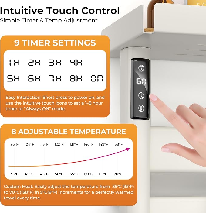 Electric Heated Towel Rack with Removable Top Shelf, Wall Mounted Bathroom Towel Warmer & Drying Rack, 158°F Fast Heating with Touch Screen Timer, Home Spa Towel Holder, Matte Black / Cream White