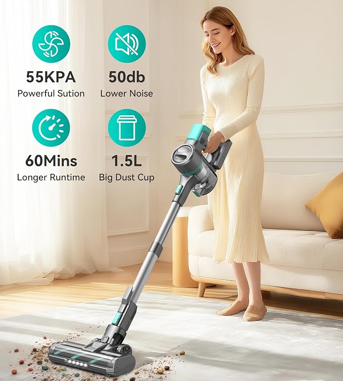 S10K Cordless Vacuum Cleaner, 55Kpa 60mins Lightweight Stick Vacuum with Powerful Suction for Home, Rechargeable, Self-Standing, Handheld Vacuum Cleaners for Hardwood Floors, Carpets, Green