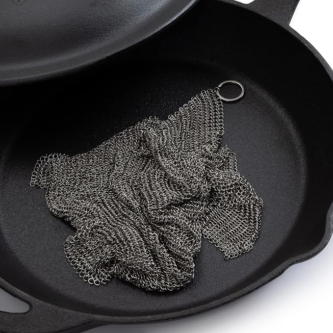 Barebones Fine Stainless Steel Cleaning Mesh Scrubber - Cast Iron Cleaner - Grill Accessories, Scrub Brush, Cast Iron Brush, Chainmail Skillet Cleaner
