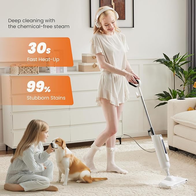 Multi-Surface Steam Mop, Lightweight Floor Cleaner for Hardwood, Tile, Laminate & Carpet with 2 Reusable Washable Pads (Green)