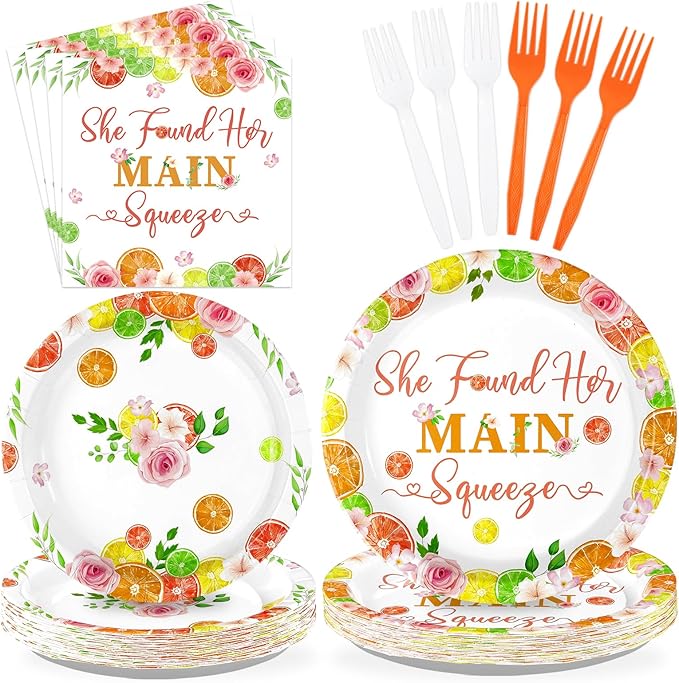 96Pcs She Found Her Main Squeeze Party Decorations Lemon Bridal Shower Plates and Napkins Citrus Decorations for Citrus Lemonade Orange Spring Fruit Bachelorette Wedding Party Supplies Serves 24