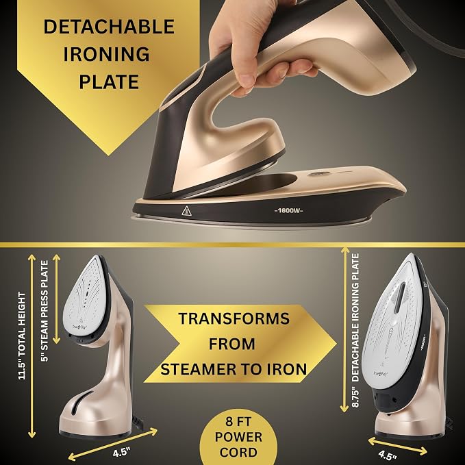 True & Tidy 2-in-1 Iron and Handheld Steamer, 1600W Dual Heating System with Ceramic-Coated Plate, LCD Display, No-Drip Technology, 3 Fabric Modes, Portable Garment Steamer for Home & Travel