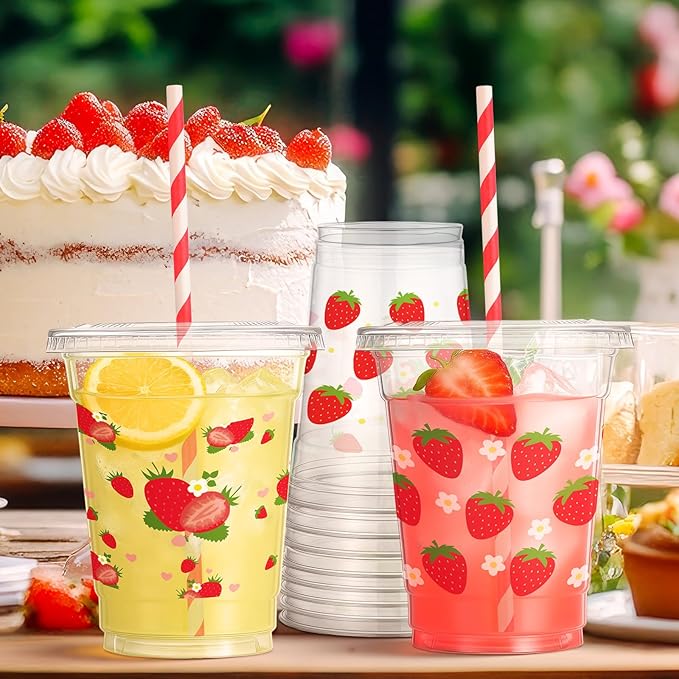 FoldTier 100 Pcs Plastic Strawberry Cups with Lids and Straws 12 oz, Strawberry Party Decoration Disposable Clear Drinking Cups for Baby Shower Berry Fruit Sweet 1st Birthday Shortcake Party Favor