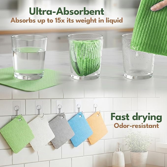 AIRNEX Natural Kitchen Cleaning Bundle - 12 Compostable Cellulose & Coconut Sponges & 10 Cellulose Swedish Dishcloths - Non-Scratch Dish Sponges & Reusable Absorbent Cleaning Cloths