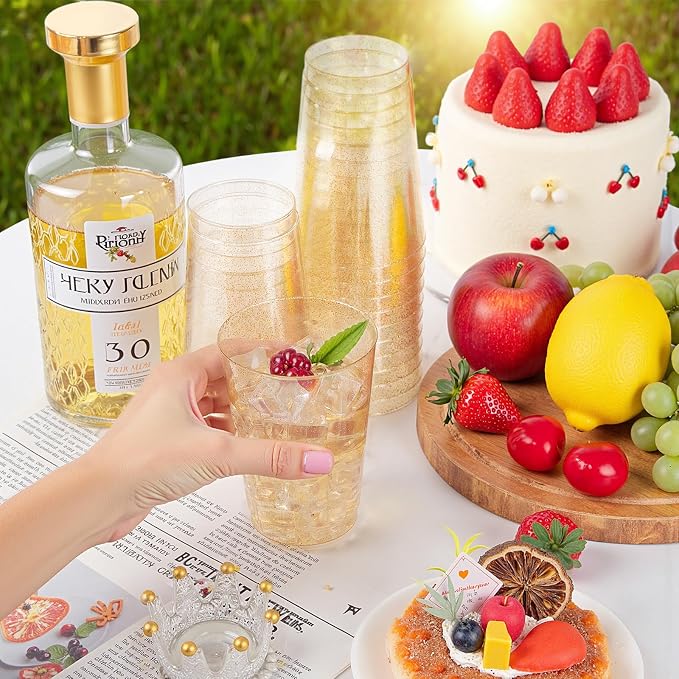 supernal 200pcs Gold Glitter Plastic Cups - 10oz Heavy Duty Disposable Party Cups | Premium Clear Shimmer Tumblers for Wedding, Birthday Cocktail, Banquet Wine Toasting & Catering