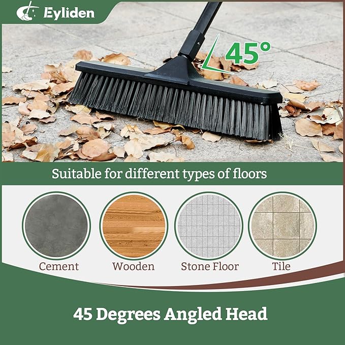 Eyliden 18" Push Broom for Deck Driveway Patio Garage | Heavy-Duty Stiff Bristles Sweeper with 66" Adjustable Handle | Outdoor Concrete Sidewalk Yard Snow Cleaning Tool, Black