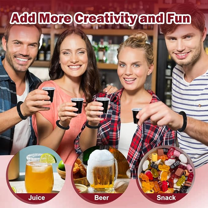 30 Pcs Black Shot Cups with Wristband for Party 2oz Plastic Shot Glasses Bulk Disposable Mini Shot Glasses with Bracelet Wear On Solo Cups for Party Beer Sample Taste Serving Graduation Birthday