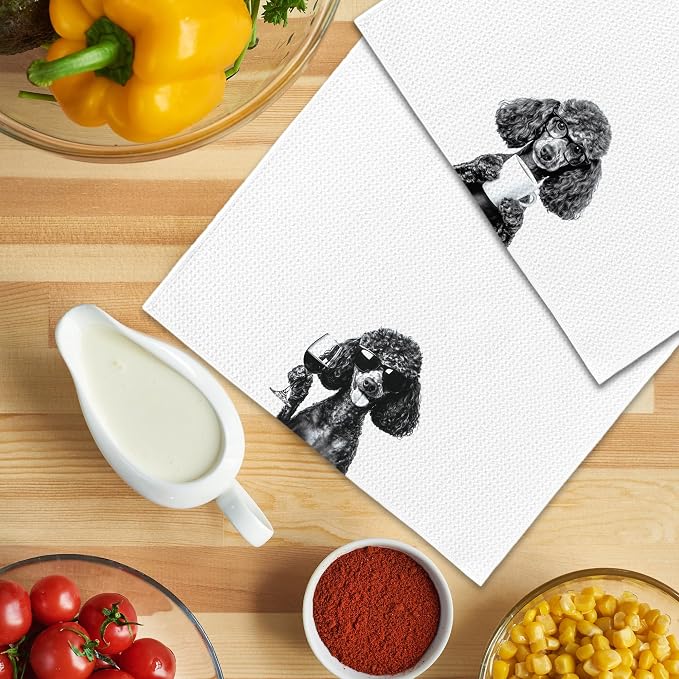 Funny Black Poodle Kitchen Towels Set of 2, Wine and Coffee Lover Gifts, Bar Accessories Dog Dish Tea Towels for Kitchen, Housewarming Gift Cute Animal Decorative Hand Towel 16x24 Inch