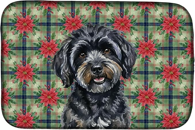 Caroline's Treasures Black Havanese Christmas PoinsettIas Dish Drying Mat Absorbent Dish Drying Mat Pad for Kitchen Counter Dish Drainer Mat for Countertop, 14 x 21", Multicolor
