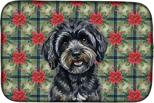 Caroline's Treasures Black Havanese Christmas PoinsettIas Dish Drying Mat Absorbent Dish Drying Mat Pad for Kitchen Counter Dish Drainer Mat for Countertop, 14 x 21", Multicolor
