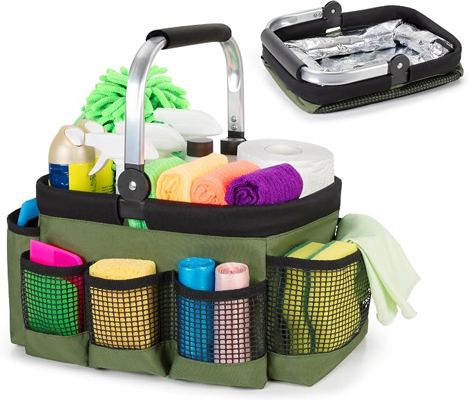 PGmoon Foldable Cleaning Caddy, Cleaning Supply Organizer Bag with Rotate Handle, Easy Clean Liner & Multi-Pockets, Portable Small Cleaning Tote for Kitchen Cleaning Supplies, Products, Housekeepers