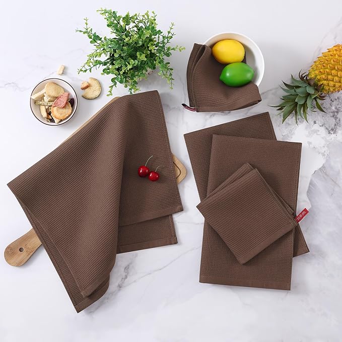 Homaxy 100% Cotton Kitchen Towels and Dishcloths Set - 8 Pack Waffle Weave Soft and Absorbent Dish Towels - 26 X 16 Inch and 12 X 12 Inch - Coffee