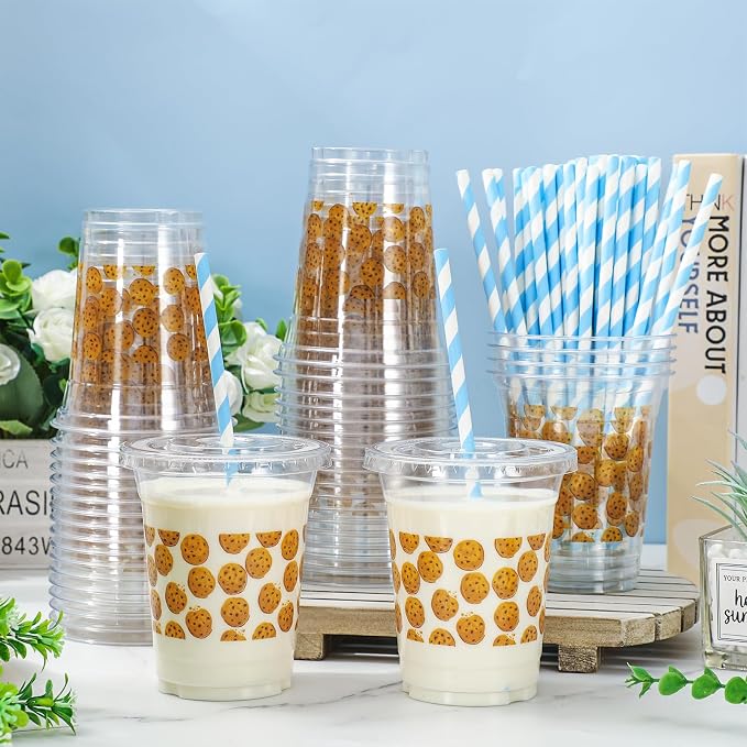 FYSUIMU 50 Pcs 12 Oz Cookie Theme Plastic Cups with Lids & Straws Disposable Clear Drinking Cups for Birthday Baby Shower Party Supplies