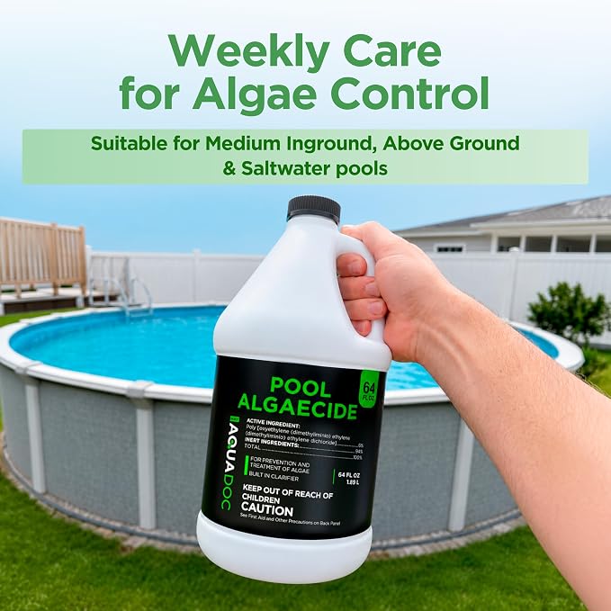 AquaDoc Liquid Algaecide for Swimming Pools - 64 oz - Treats Up to 5,000 Gallons - Non-Foaming, Copper-Free Formula for Pool Algae Control with Built-in Clarifier - Made in USA