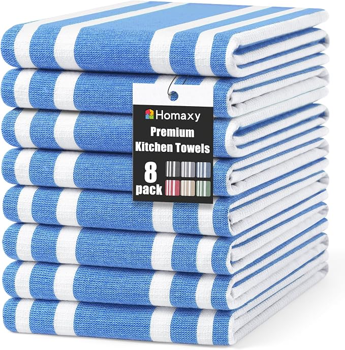 Homaxy Premium Kitchen Towels 18”x 28”, Large Cotton 380 GSM Kitchen Hand Towels, Stripe and Terry Dish Towel, Highly Absorbent Tea Towel Set with Hanging Loop, 8 Pack, Blueberry