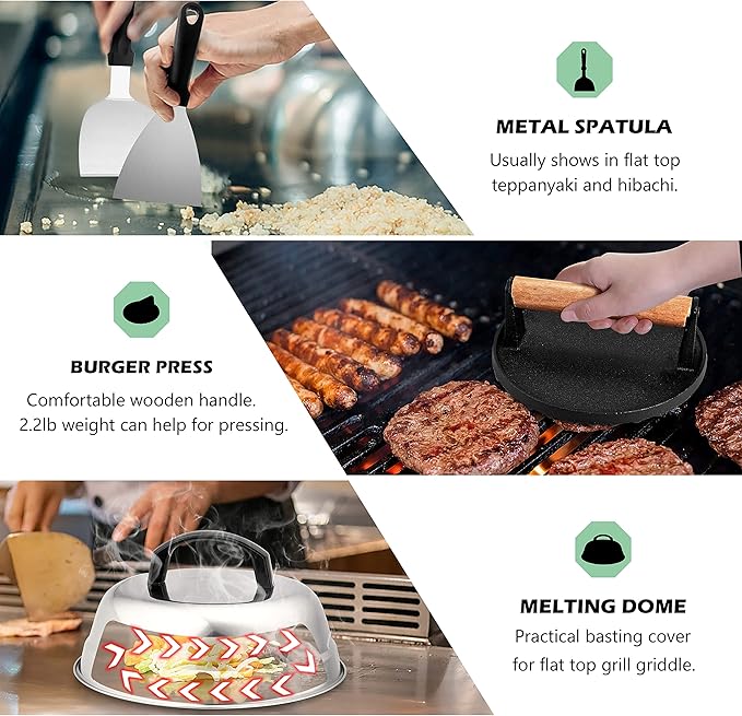 HaSteeL Griddle Accessories Kit of 18, Teppanyaki Tools for Flat Top Cooking Grilling Camping, Stainless Steel Melting Dome, Metal spatulas, Bacon Press for Outdoor BBQ, Heavy Duty & Dishwasher Safe