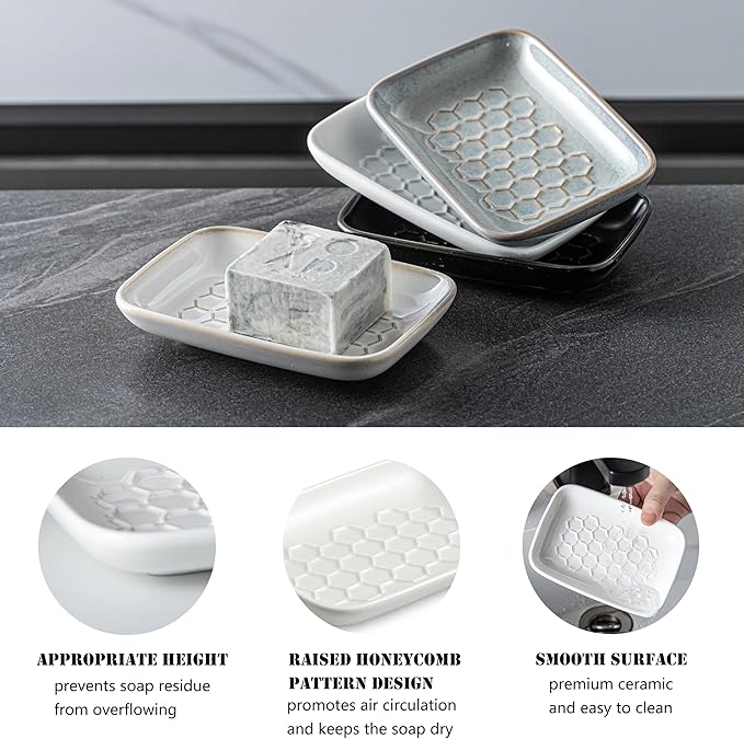 Gomakren Soap Dish for Shower, Bar Soap Holder, Ceramic Soap Dishes for Bar Soap & Espresso Cups Set of 4, Small Stackable Coffee Cups with Saucers