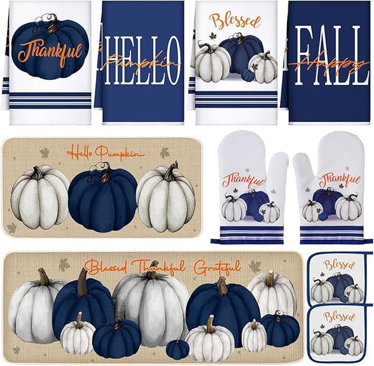 Fanfanwin 10 Pcs Thanksgiving Pumpkin Kitchen Decor Set Kitchen Towels Pot Holders Oven Mitts and Rugs Set Thanksgiving Decor for Baking Cooking Home Gift