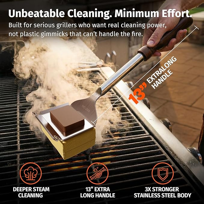 East Oak Bristle-Free Grill Brush, 2mm Thick Stainless Steel Rod, Heat-Resistant Aramid Sponge Head (900°F), Steam Cleaning Brush with Scraper, Safe for Cast Iron & Stainless Steel Grates
