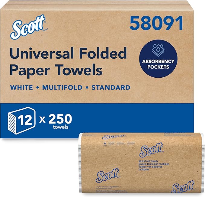 Scott Professional Universal Multifold Paper Towels, Bulk (58091), Absorbency Pockets, White, 9.2"x9.4" Towel, White, Compressed, Compact Case (250 Sheets/Pack, 12 Packs/Case, 3,000 Sheet Total)