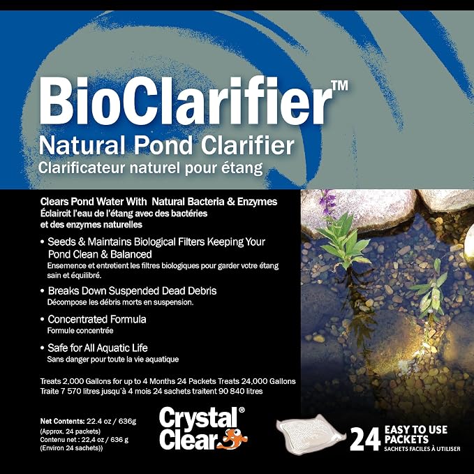 CrystalClear BioClarifier Small Pond & Water Garden Clarifier, 24 Packets | Cleaner for cloudy water with beneficial microbe treatment to improve water clarity; fish, plant & pet safe