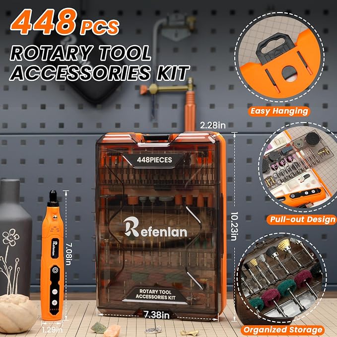 448PCS Rotary Tool Accessories Kit, 1/8" Universal Rotary Tool Bits, Includes 4V Cordless Rotary Tool (5 Speeds, 2000mAh) – Ideal for Sanding, Polishing, Engraving, Grinding