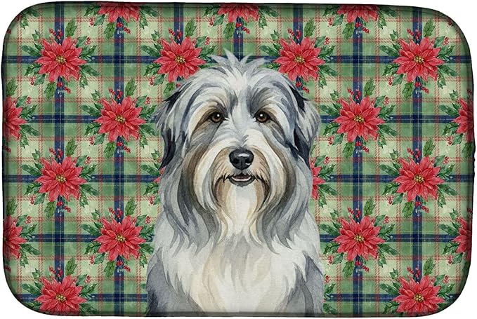 Caroline's Treasures Bearded Collie Christmas PoinsettIas Dish Drying Mat Absorbent Dish Drying Mat Pad for Kitchen Counter Dish Drainer Mat for Countertop, 14 x 21", Multicolor