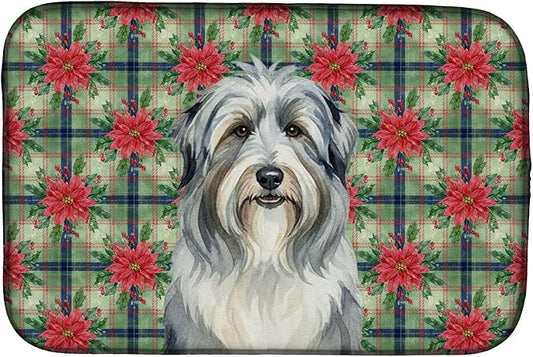 Caroline's Treasures Bearded Collie Christmas PoinsettIas Dish Drying Mat Absorbent Dish Drying Mat Pad for Kitchen Counter Dish Drainer Mat for Countertop, 14 x 21", Multicolor