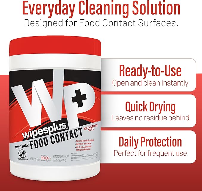 WIPESPLUS Cleaning Wipes All Purpose Food Contact - No Rinse, No Residue, Quick Dry Formula, Disinfecting Wipes For Restaurants, Foodservice, Schools - Canister, 100 Count, (Pack of 6)
