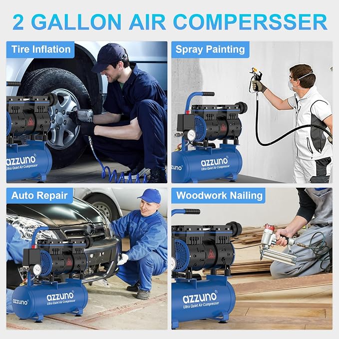 AZZUNO 2 Gallon Air Compressor, 1.6CFM@90PSI Oil Free Air Compressor Tank & Max.116PSI Pressure, 60 dB Ultra Quiet Compressor for Auto Repair, Tire Inflation, Spray Painting, Woodwork Nailing