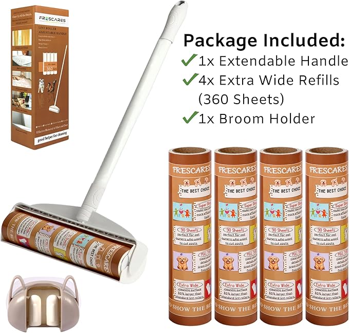 45 Inch Long Handle Lint Roller Extra Sticky for Carpet, 9.45'' Large Surface Pet Hair Remover for Couch, Sticky Roller for Floor Pick Up Larger Pieces, by Frescares, 1 Roller Stick+4 Roller Refills