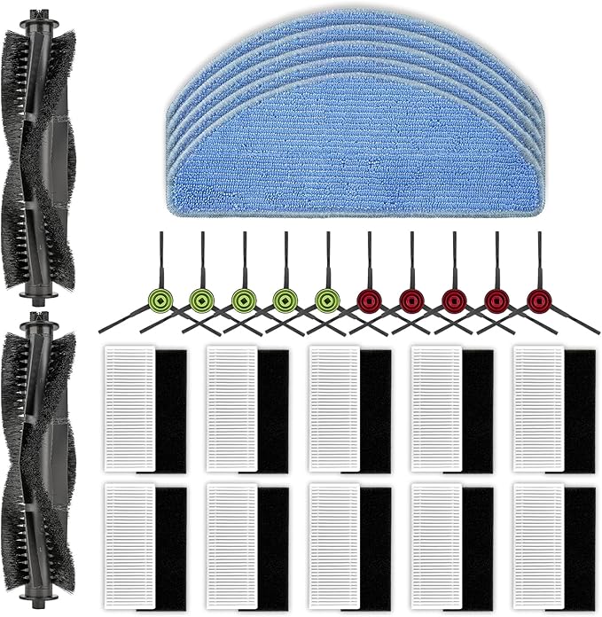 (27 Pack) G8000 MAX Replacement Parts Compatible with Tikom G8000 MAX Robot Vacuum Cleaner, 2 Roller Brushes, 10 Side Brushes, 10 HEPA Filters, 5 Mop Pads, Accessories Kit
