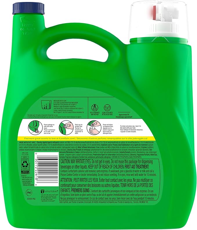 Gain Liquid Laundry Detergent with Odor Defense, Waterfall Delight Scent, Laundry Soap For HE Washing Machines, 177 fl oz, 134 Loads (Packaging May Vary)