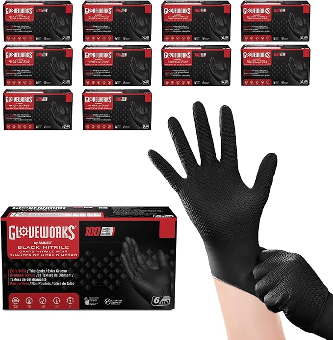GLOVEWORKS Black Nitrile Gloves 6 Mil, Disposable, Raised Diamond Texture, Latex Free, Food Safe, Industrial Mechanic Glove