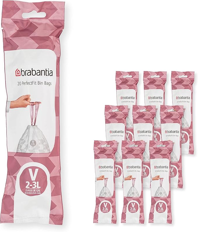 Brabantia PerfectFit Trash Bags (Size V/0.5-0.8 Gal) Thick Plastic Trash Can Liners with Drawstring Handles (200 Bags)