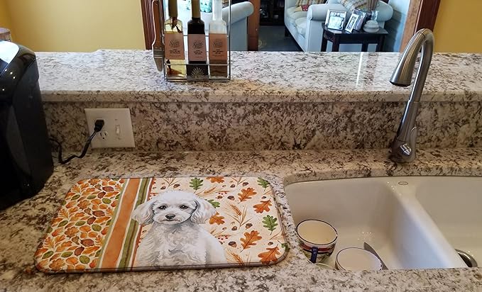 Caroline's Treasures Miniature White Poodle Heirloom Fall Dish Drying Mat Absorbent Dish Drying Mat Pad for Kitchen Counter Dish Drainer Mat for Countertop, 14 x 21", Multicolor