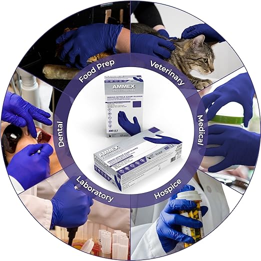 AMMEX Indigo Nitrile Disposable Exam Gloves, 3 Mil, Latex & Powder Free, Food-Safe, Textured, Non-Sterile, Large, Box of 100