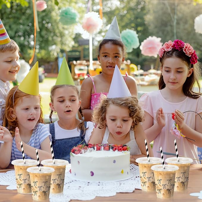 FYSUIMU 50Pcs 12Oz Black Bow Plastic Cups with Lids & Straws Cute Bowknot Clear Disposable Cups for Coquette Birthday Baby Shower Party Supplies